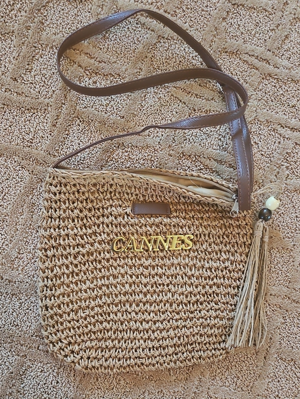 Cannes Woven Straw Crossbody Bag in Natural and Brown